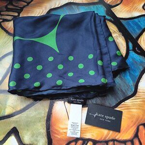 NWT Kate Spade Silk Large Square Navy and Green Polka Dot Scarf